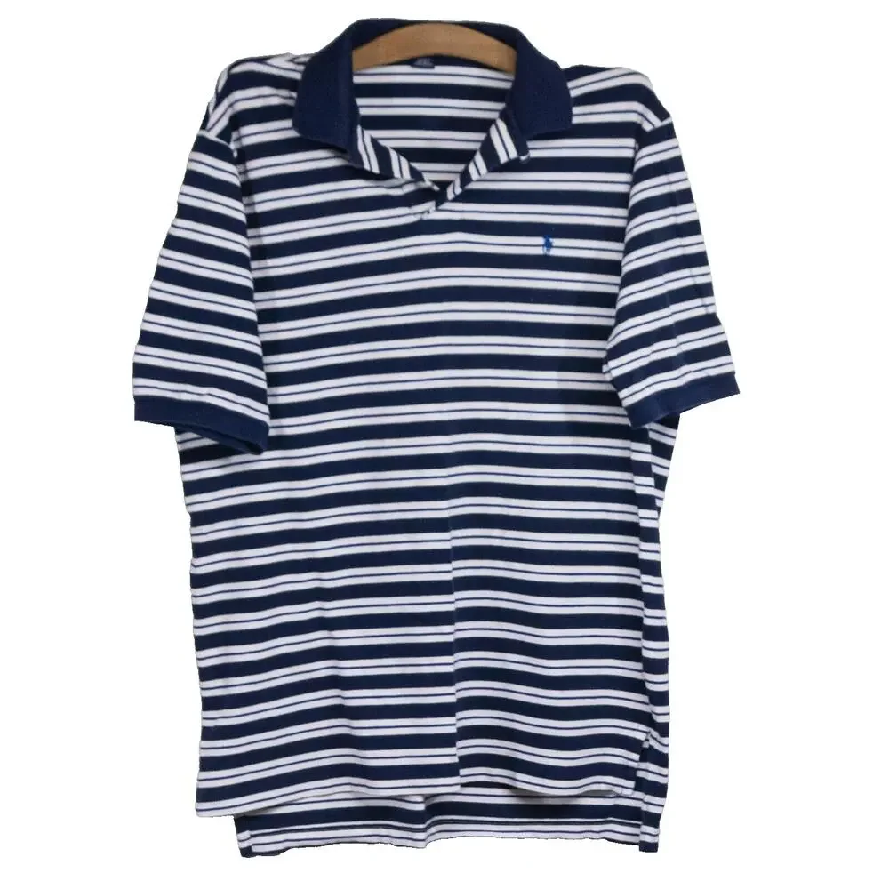 RALPH LAUREN POLO GOLF Mens L Large Navy Blue White Striped Short Sleeve Cotton